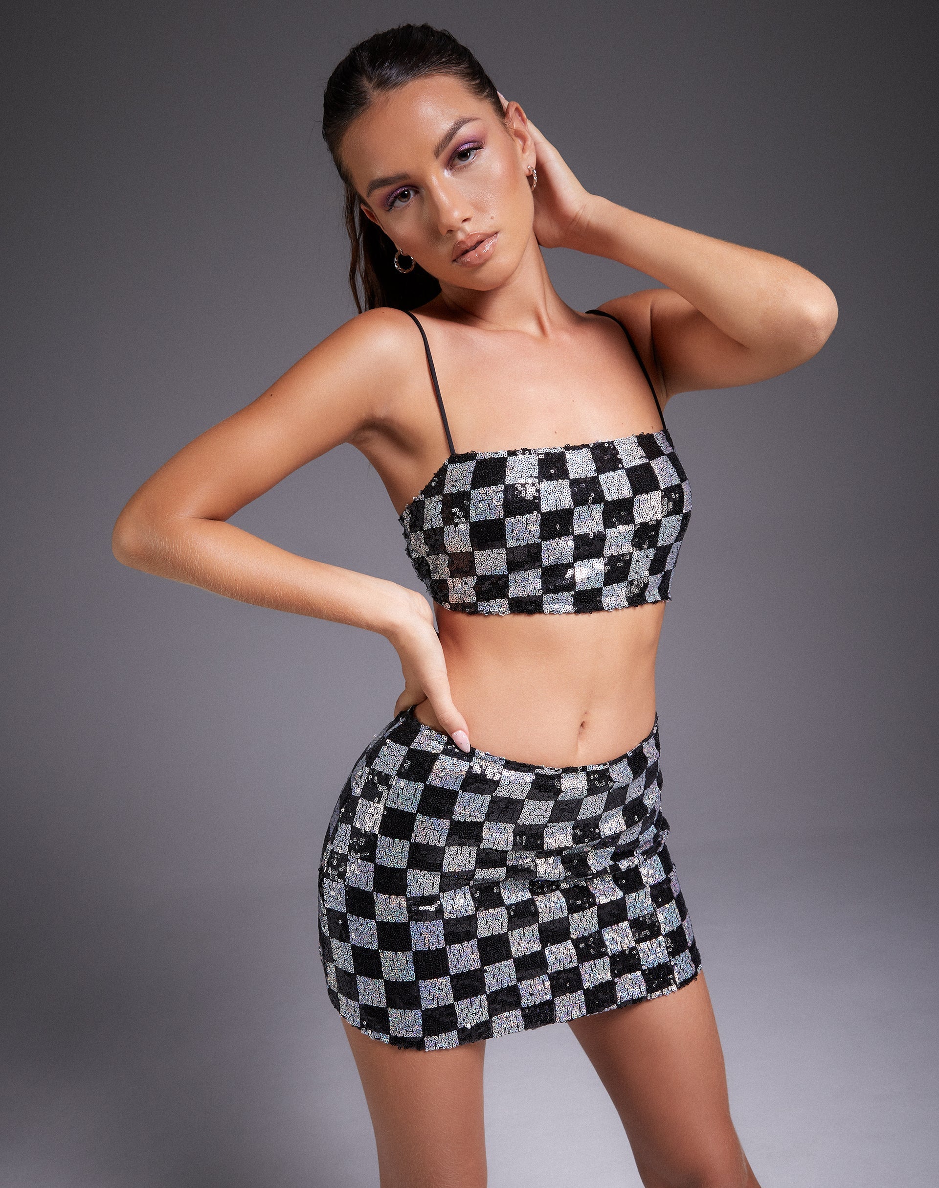 Keyan Tube Top aus Pailletten im Schachbrettmuster Schwarz und Silber
