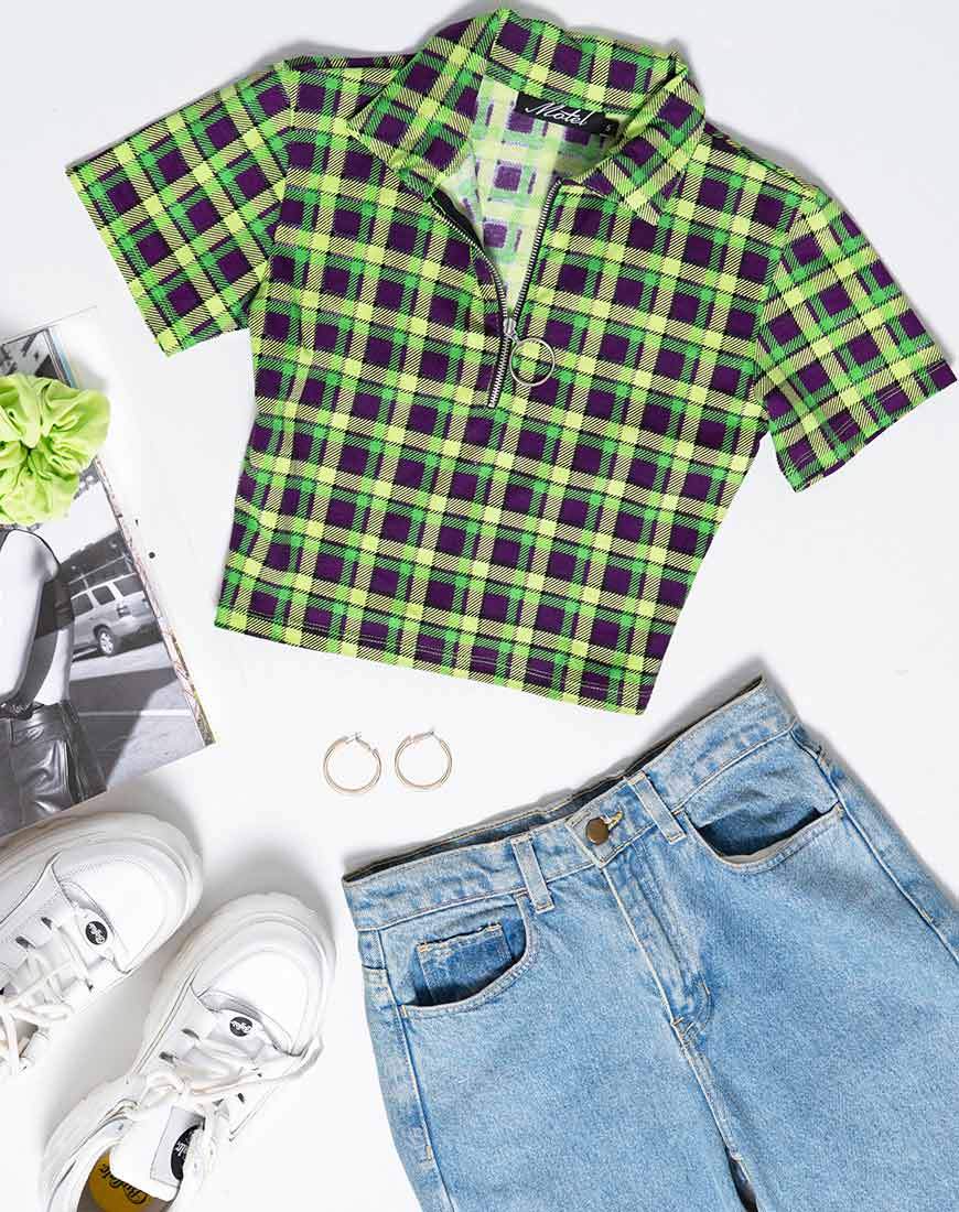 Dhen Crop Top in Grün und Lila Karo