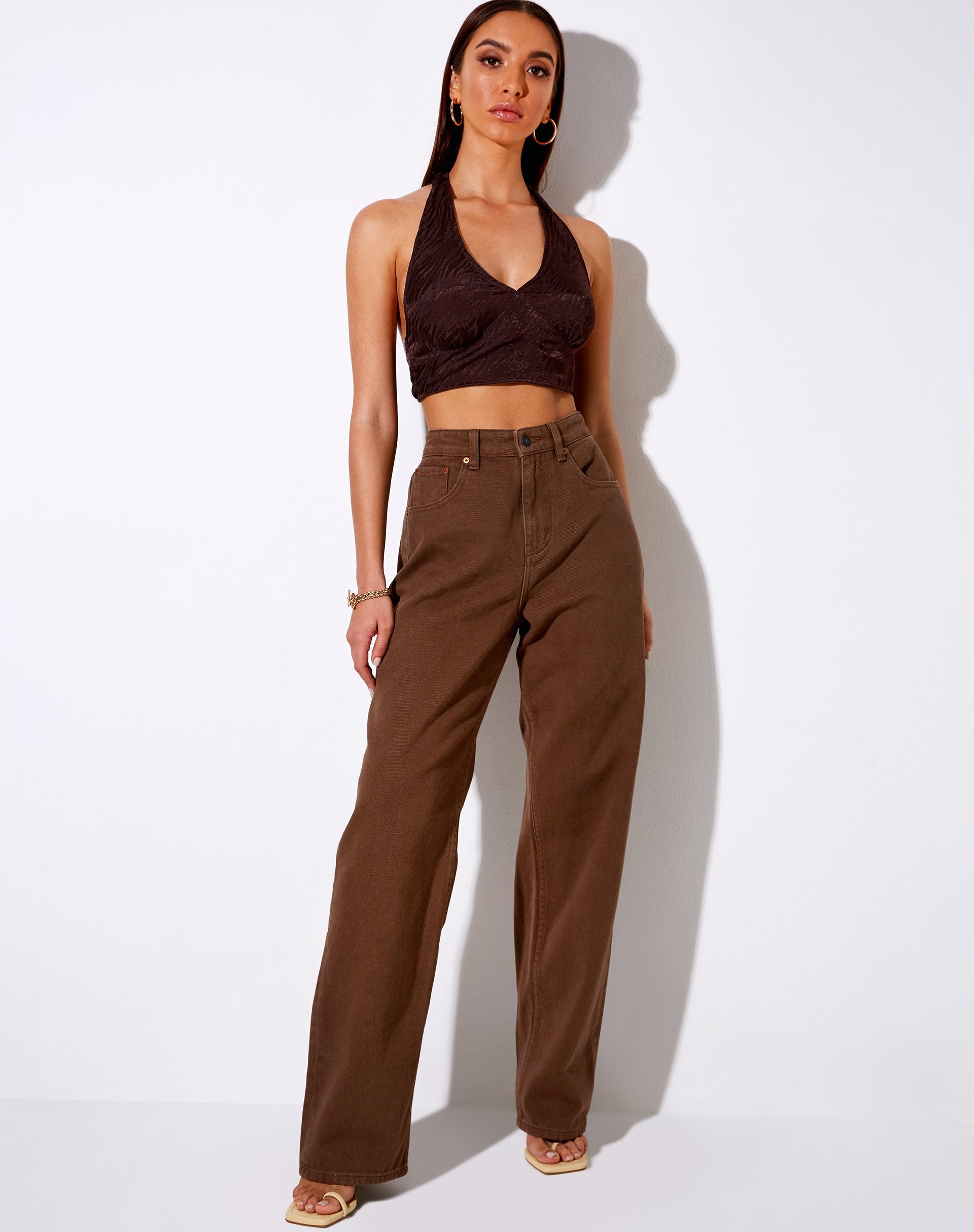 Image of Naya Crop Top aus Satin Zebra Bitterschokolade