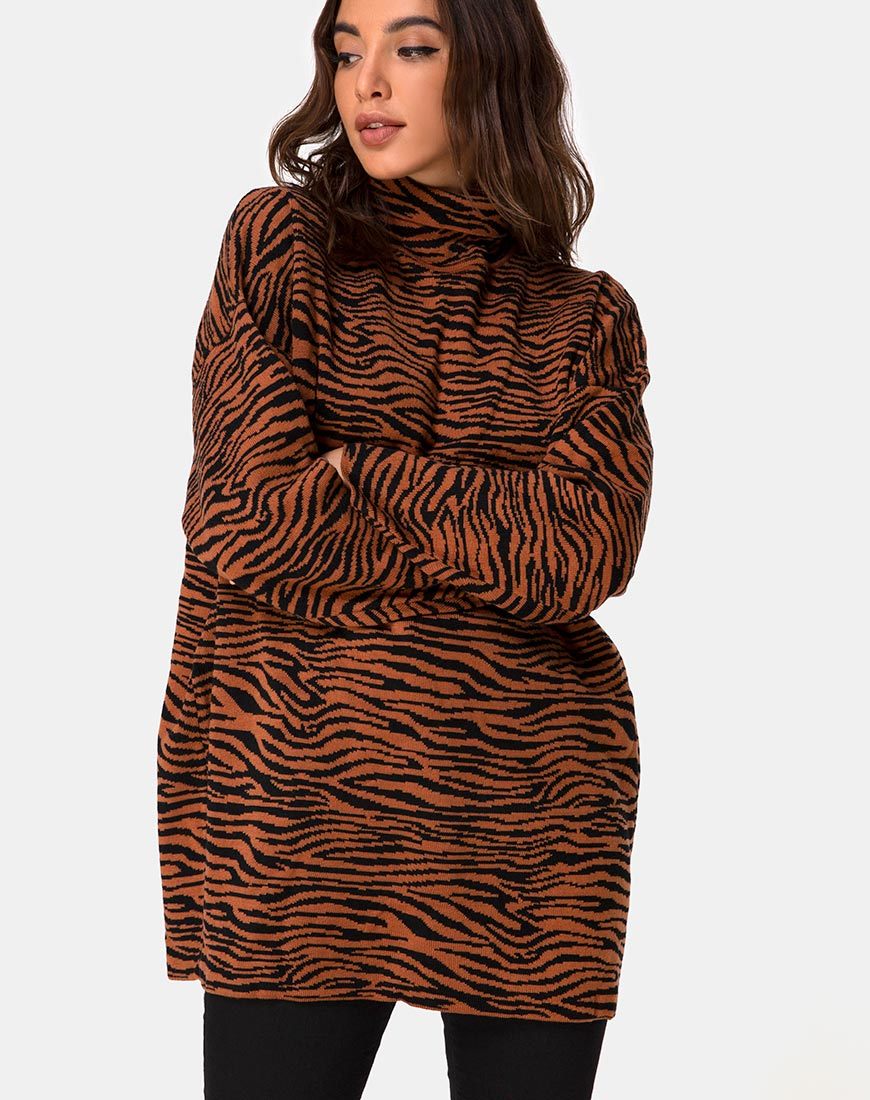 Neivie Rollkragenpullover aus Tigerstrick Braun