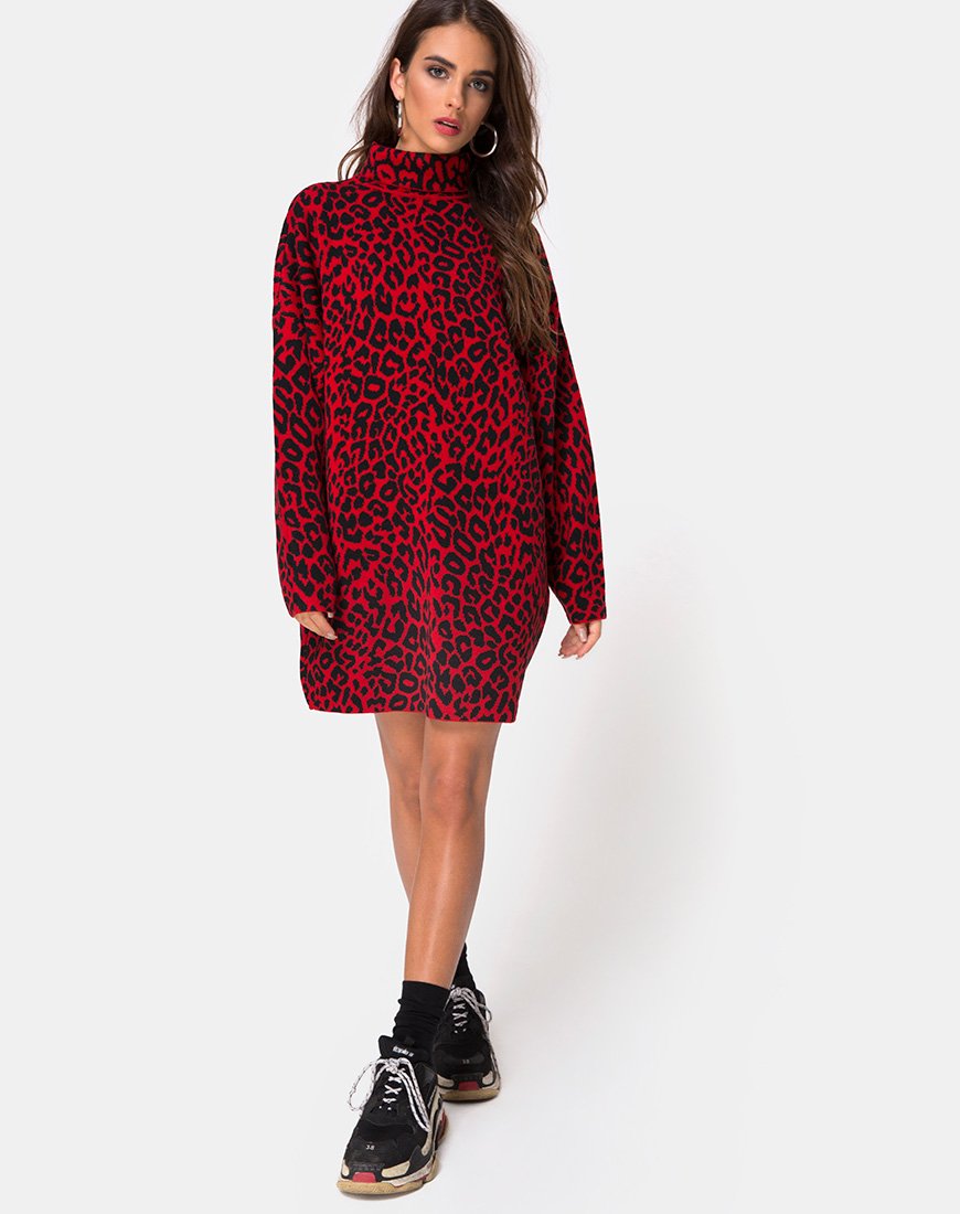 Image of Neivie Pullover Kleid aus Tierstrick Rot