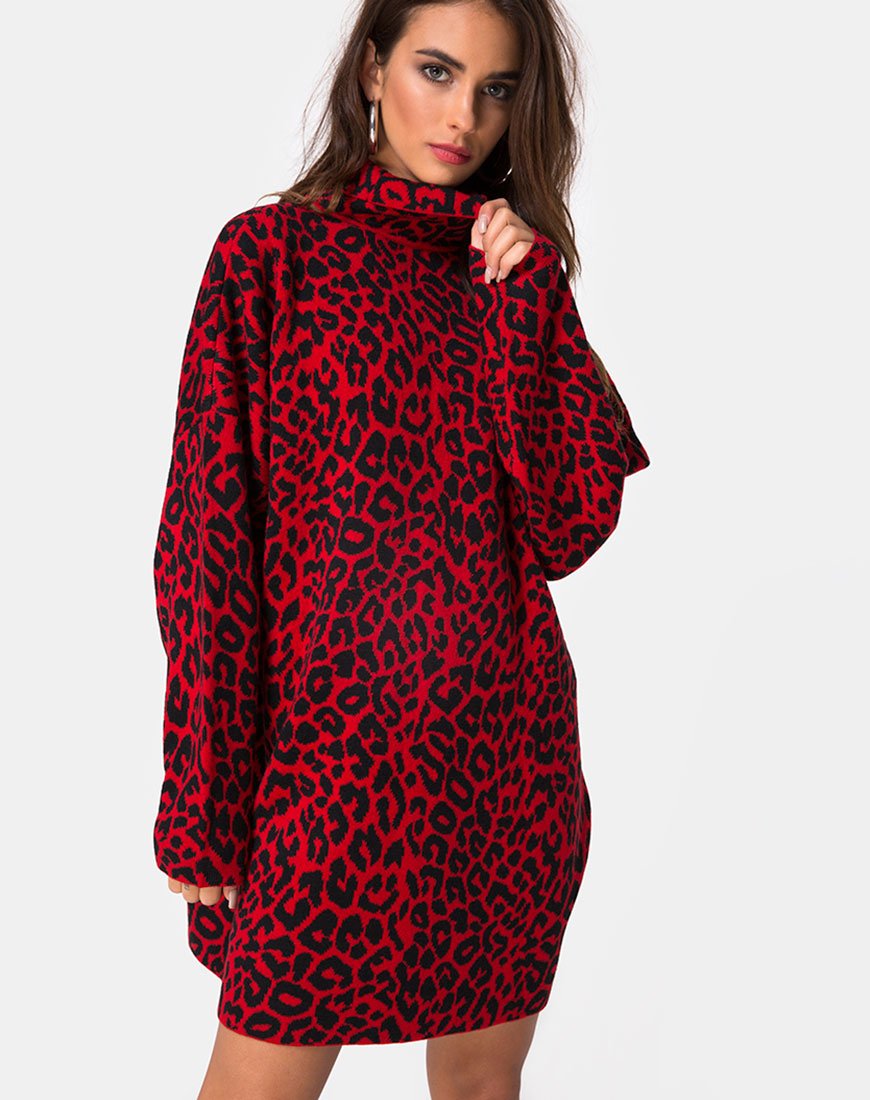 Image of Neivie Pullover Kleid aus Tierstrick Rot