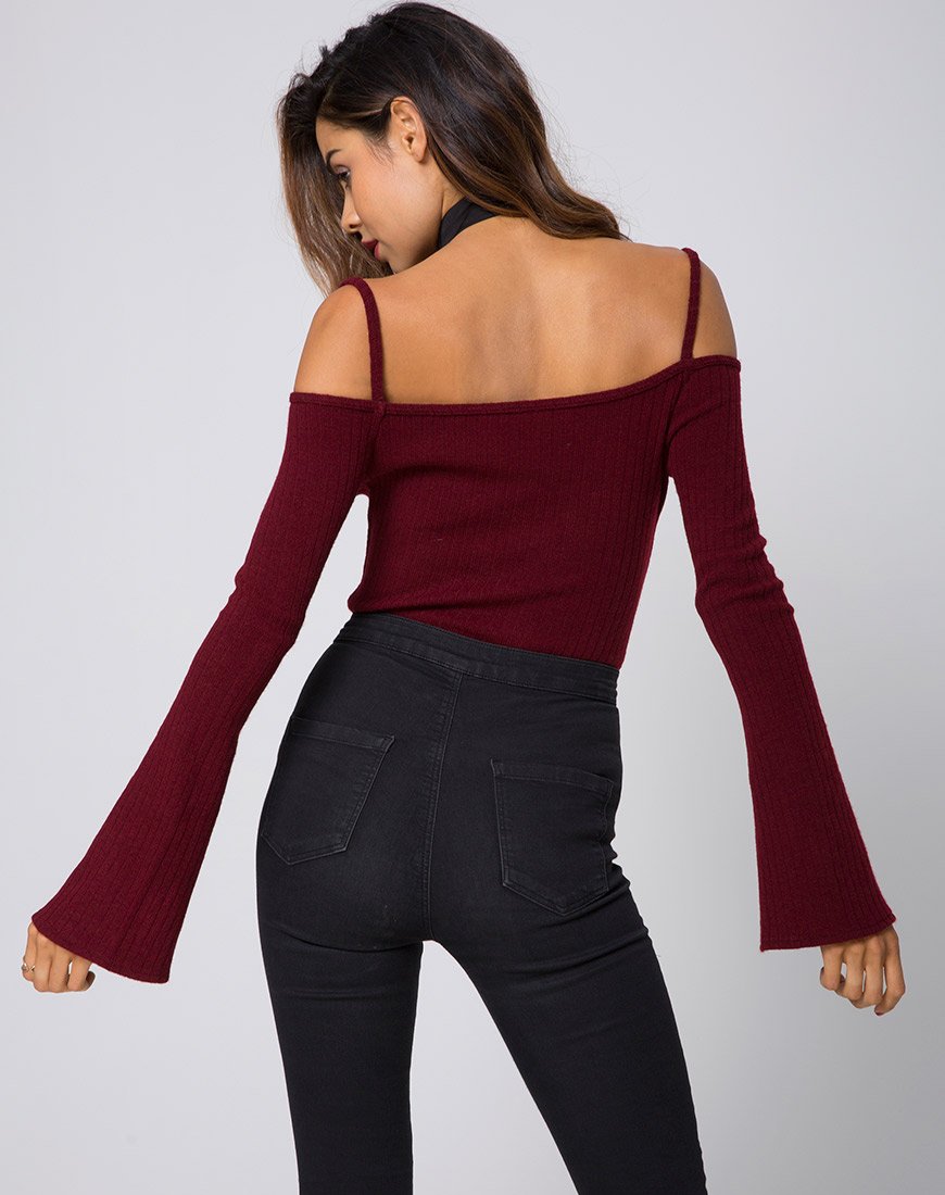 Image of Niani Mieder mit kalten Schultern aus Rippenstrick Burgundy