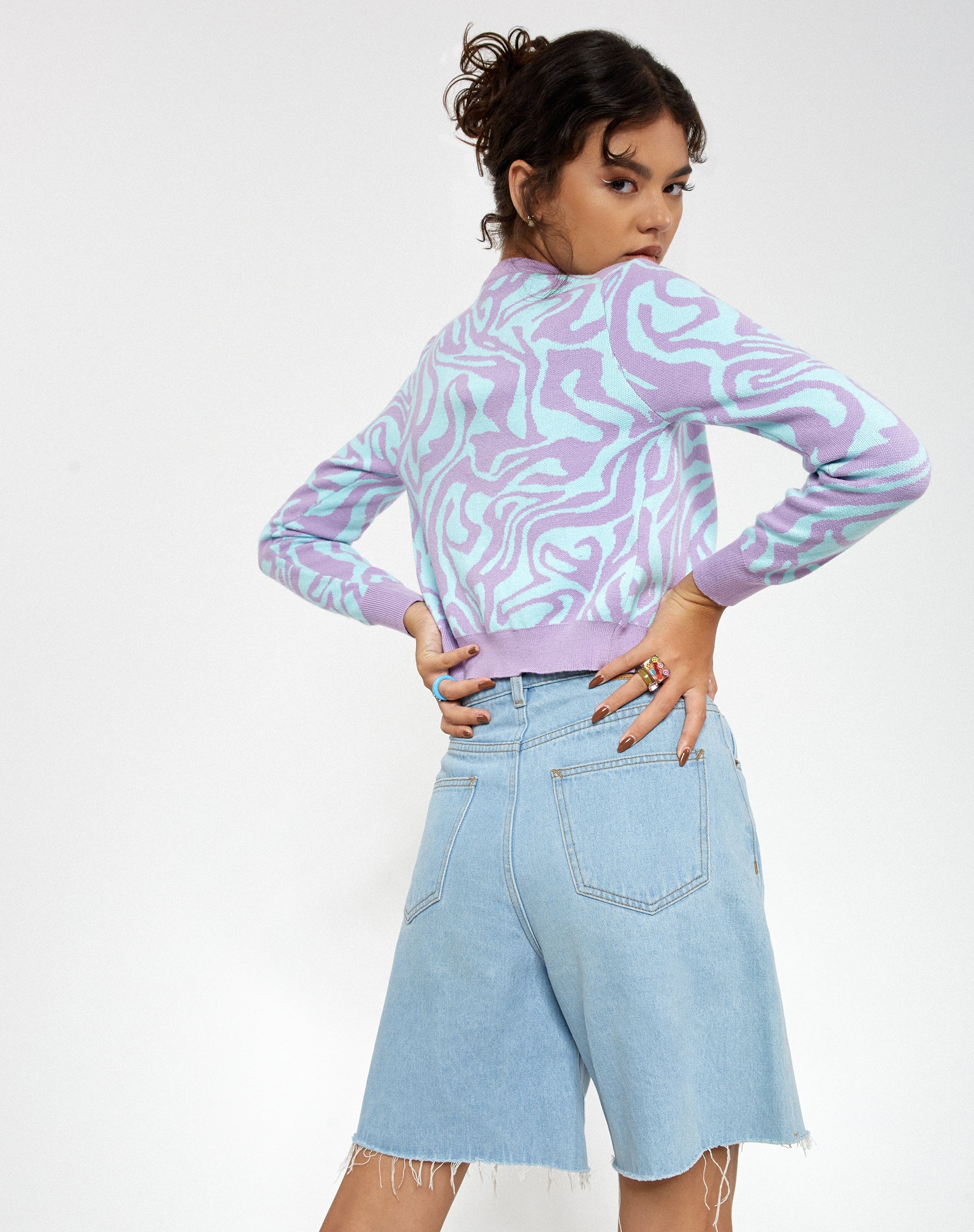 Image of Motel X Barbara Kristoffersen Odina Cardi in Knit Jagged Swirl Lavendel und Mint