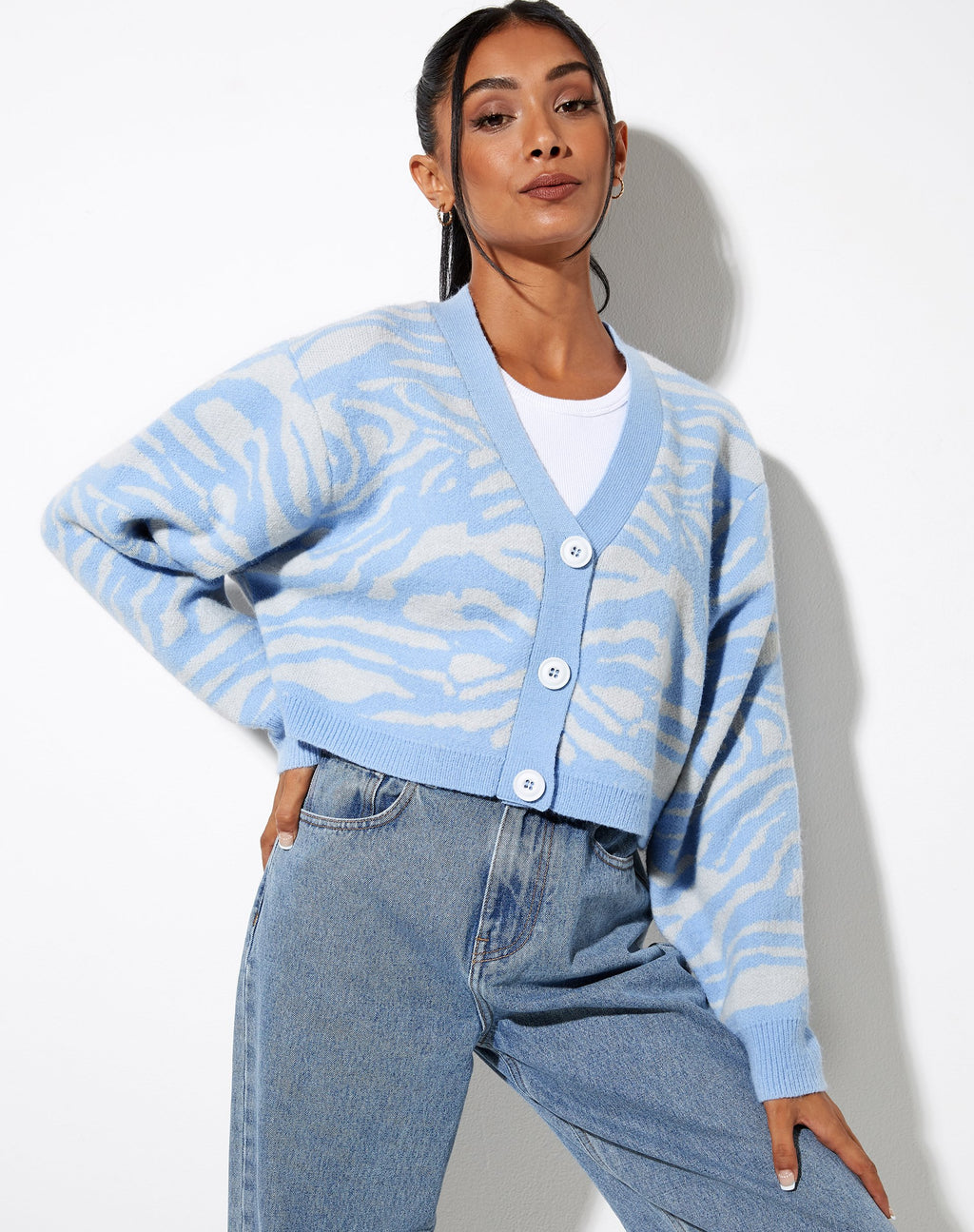 Olina Cropped Cardi in Zebra Blau Grau