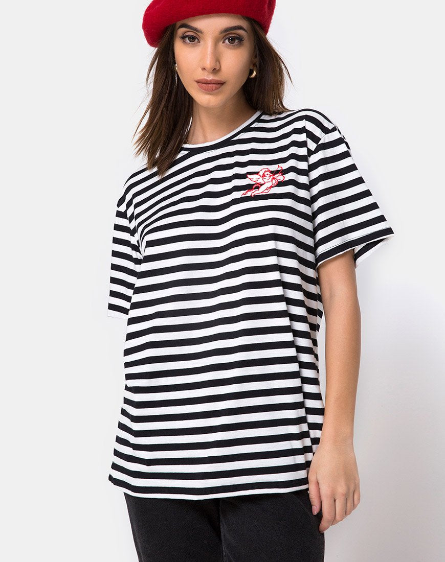 Schwarz-weiß gestreiftes Basic-T-Shirt in Übergröße mit Cherub-Stickerei