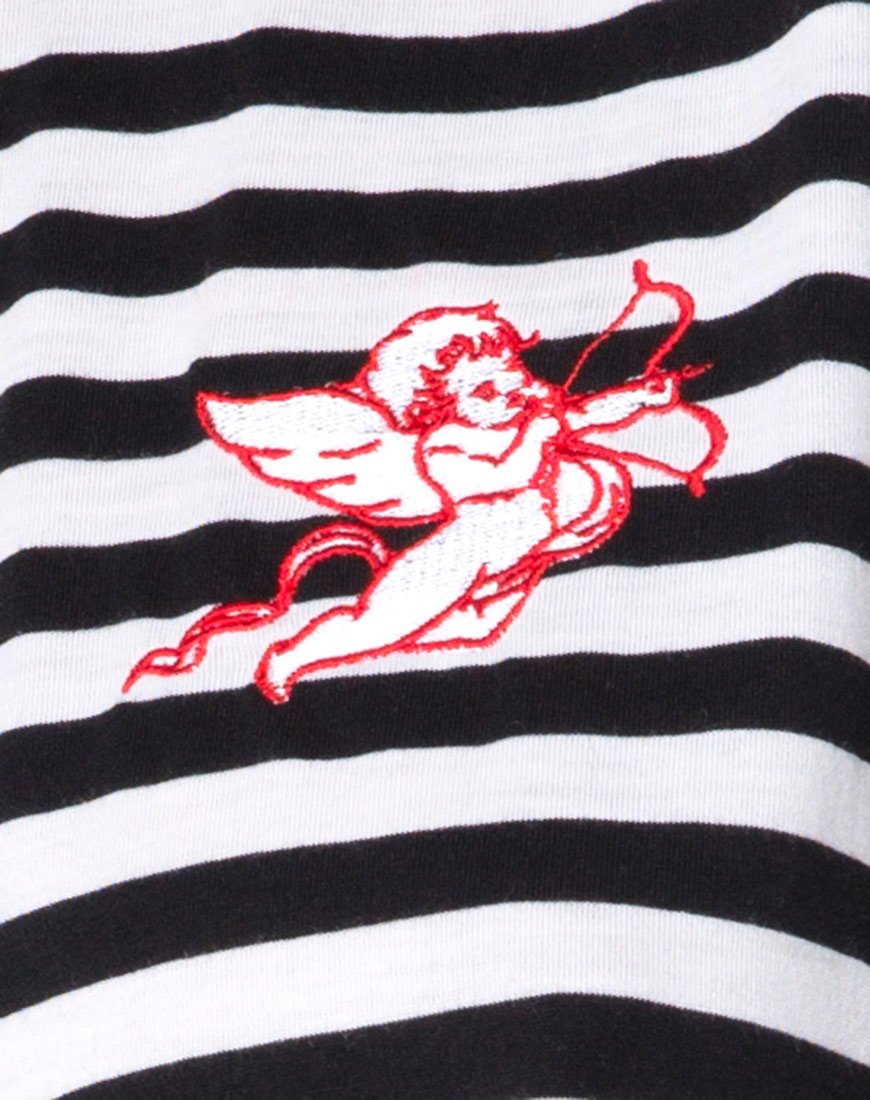 Bild von Oversize Basic Tee in Schwarz-Weiß gestreift mit Cherub-Stickerei