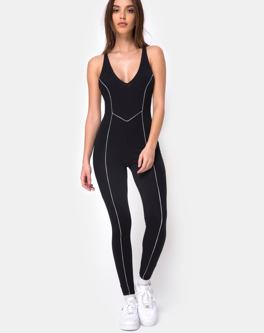 Pion Plunge Catsuit in Schwarz mit Paspelierung