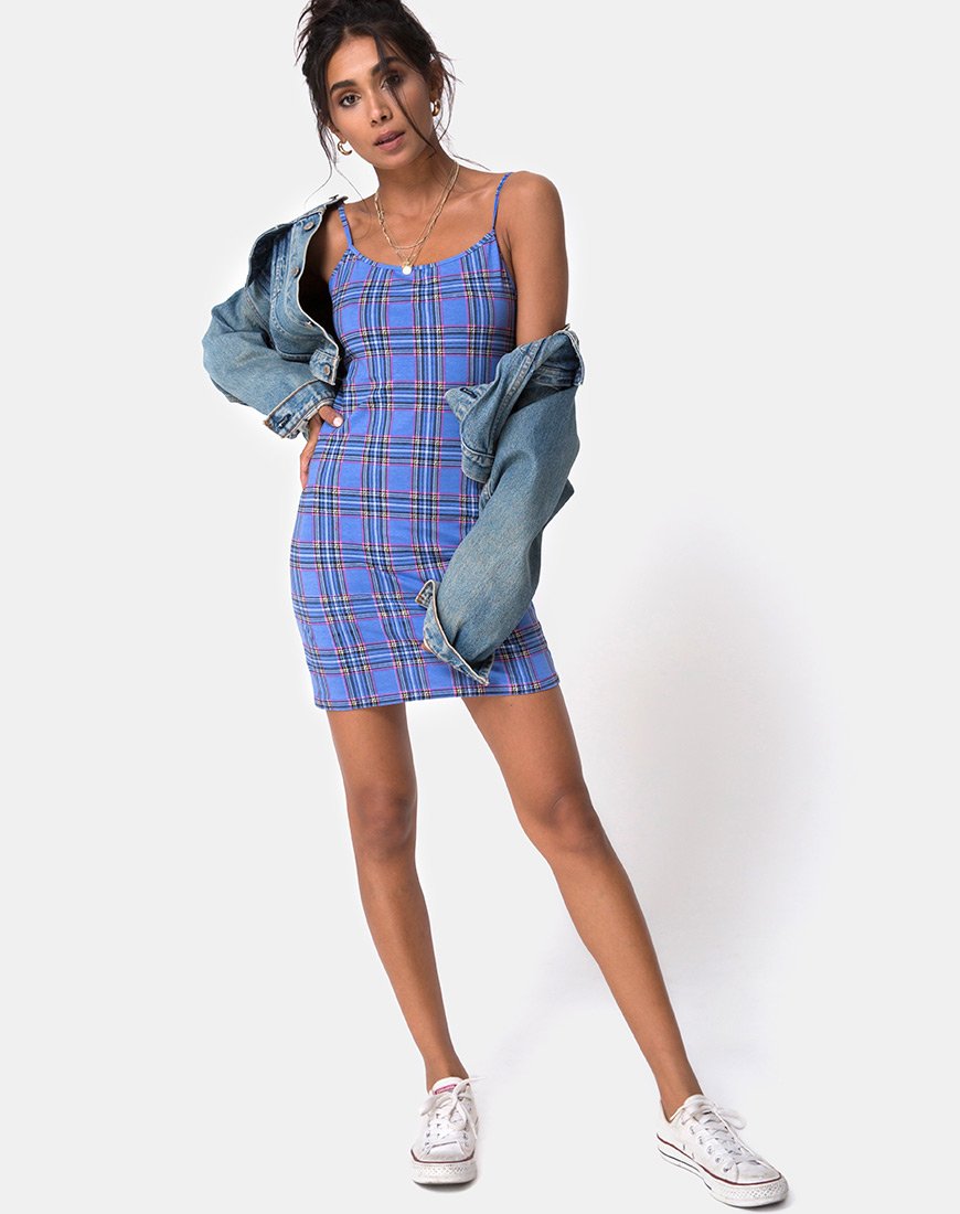 Image of Piper Bodycon Kleid in 90S Karo Blau Rosa