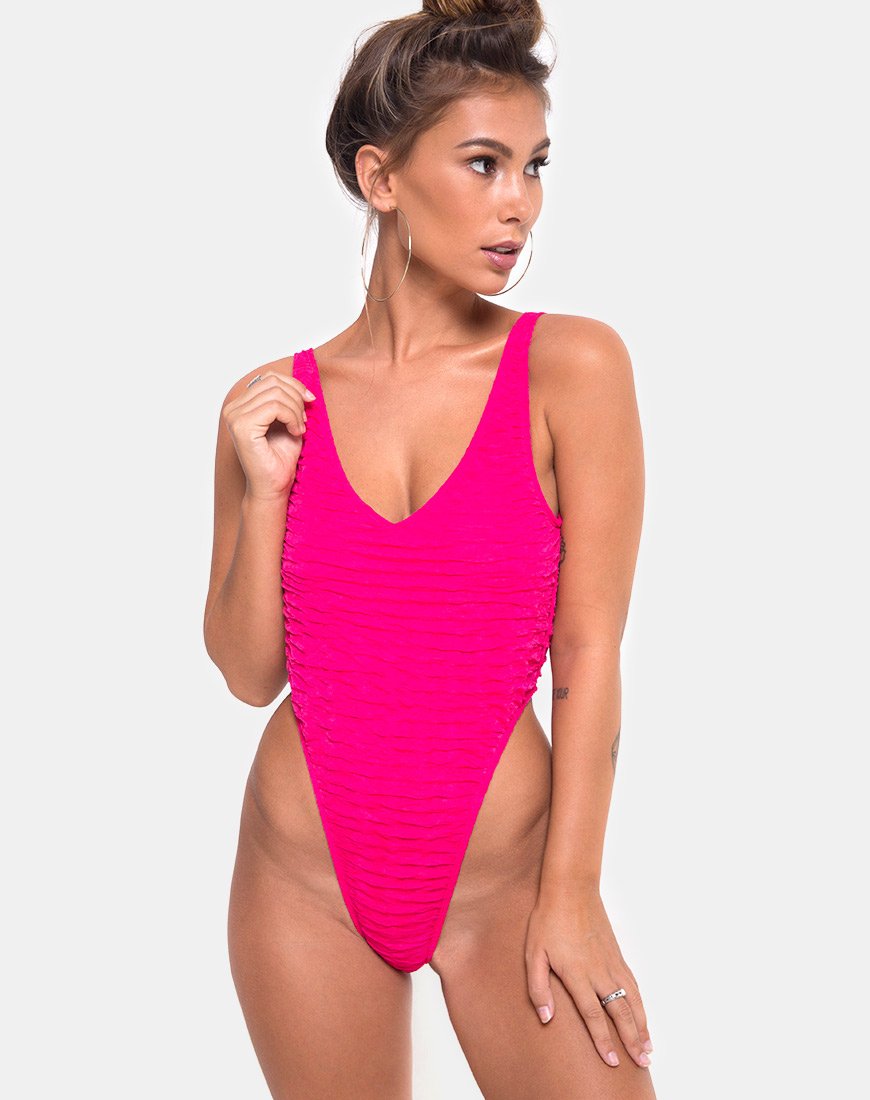 Pollie Badeanzug in 80's Crinkle Pink Highlighter
