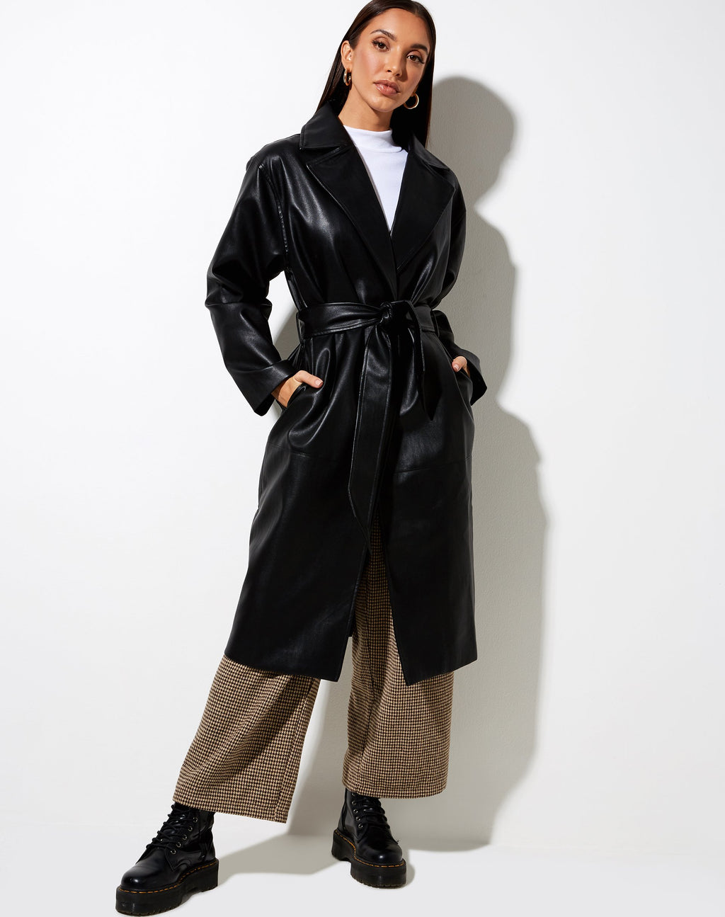 Duster Longline Mantel in Pu Schwarz