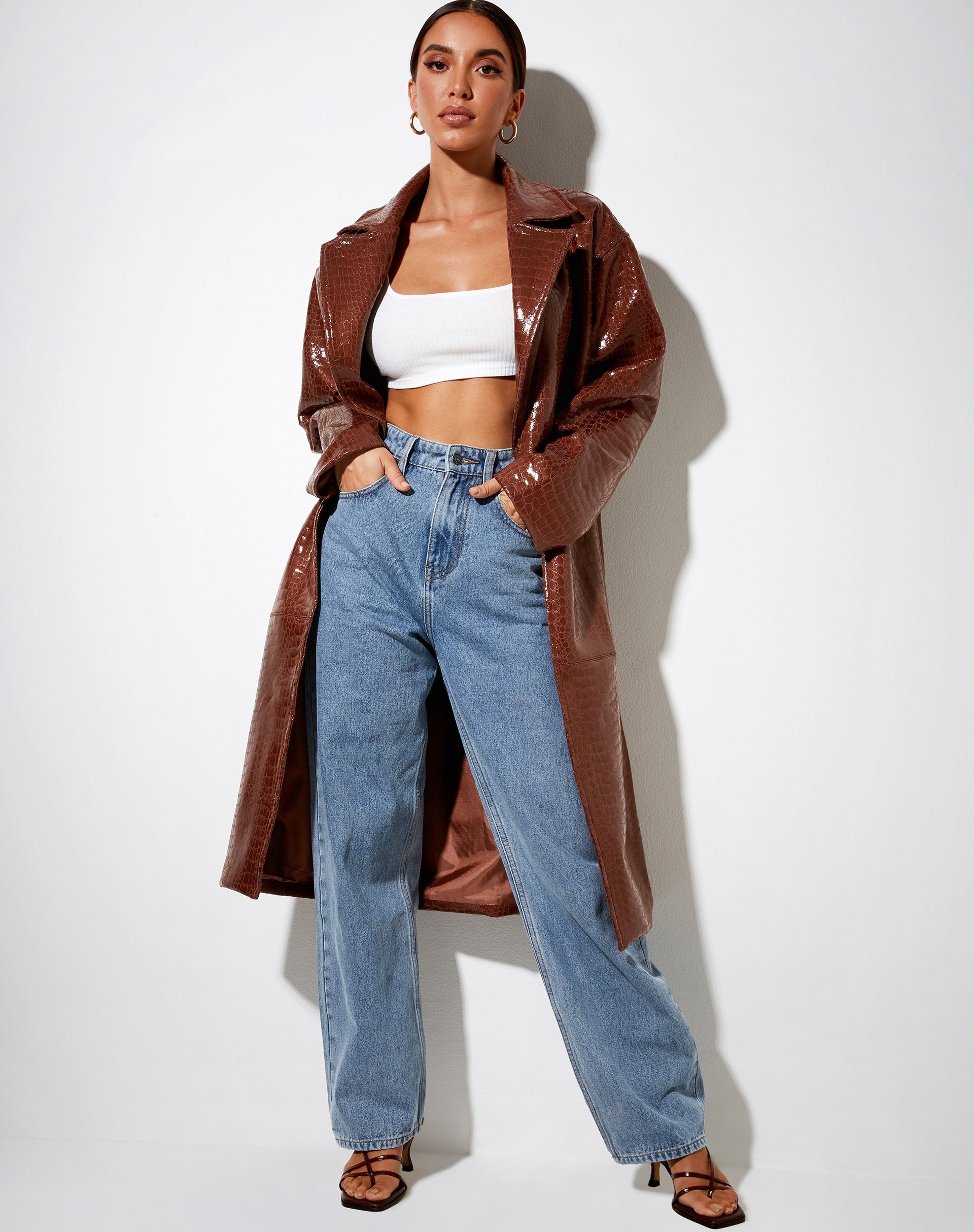 Image of Duster Langarmmantel aus Croc Pu Braun