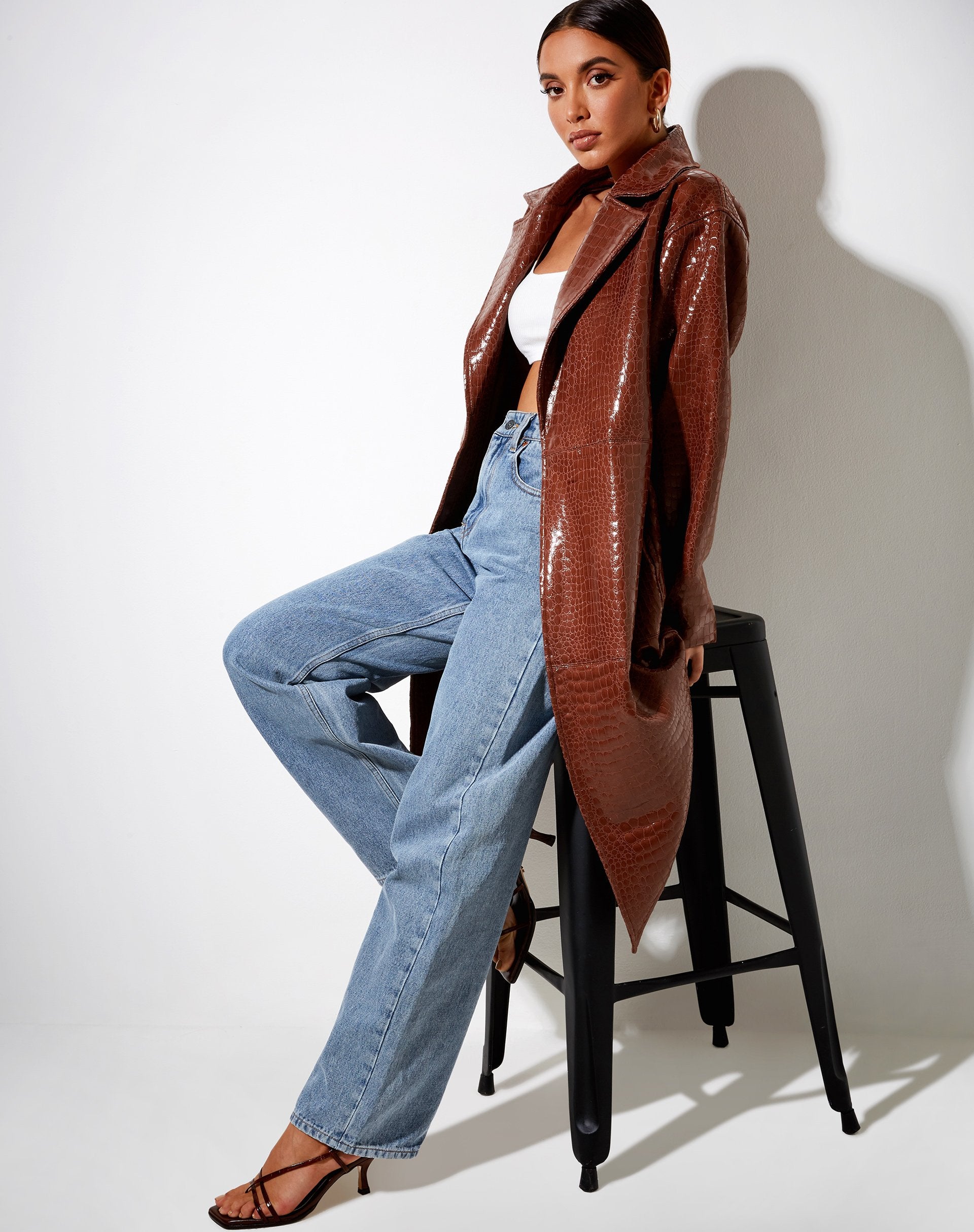 Image of Duster Langarmmantel aus Croc Pu Braun