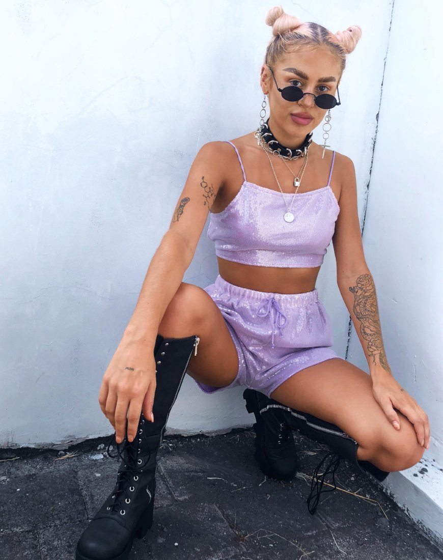 Sasha Crop Top aus mattem Mini-Pailletten-Lila