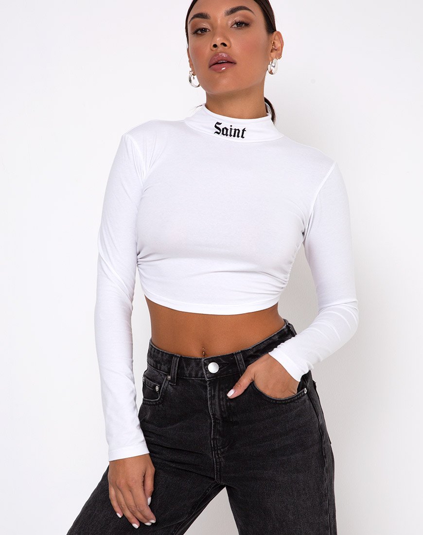 Quelia Crop Top in Weiß mit 'Saint' Stickerei