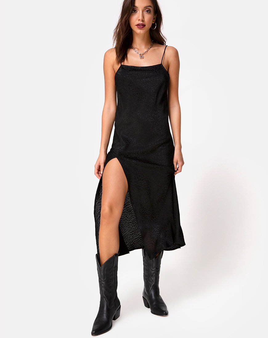 Quinty Midikleid aus Satin Cheetah Schwarz