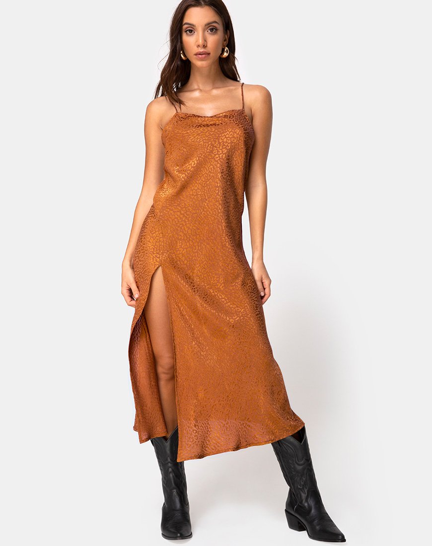Quinty Kleid aus Gold Satin Cheetah