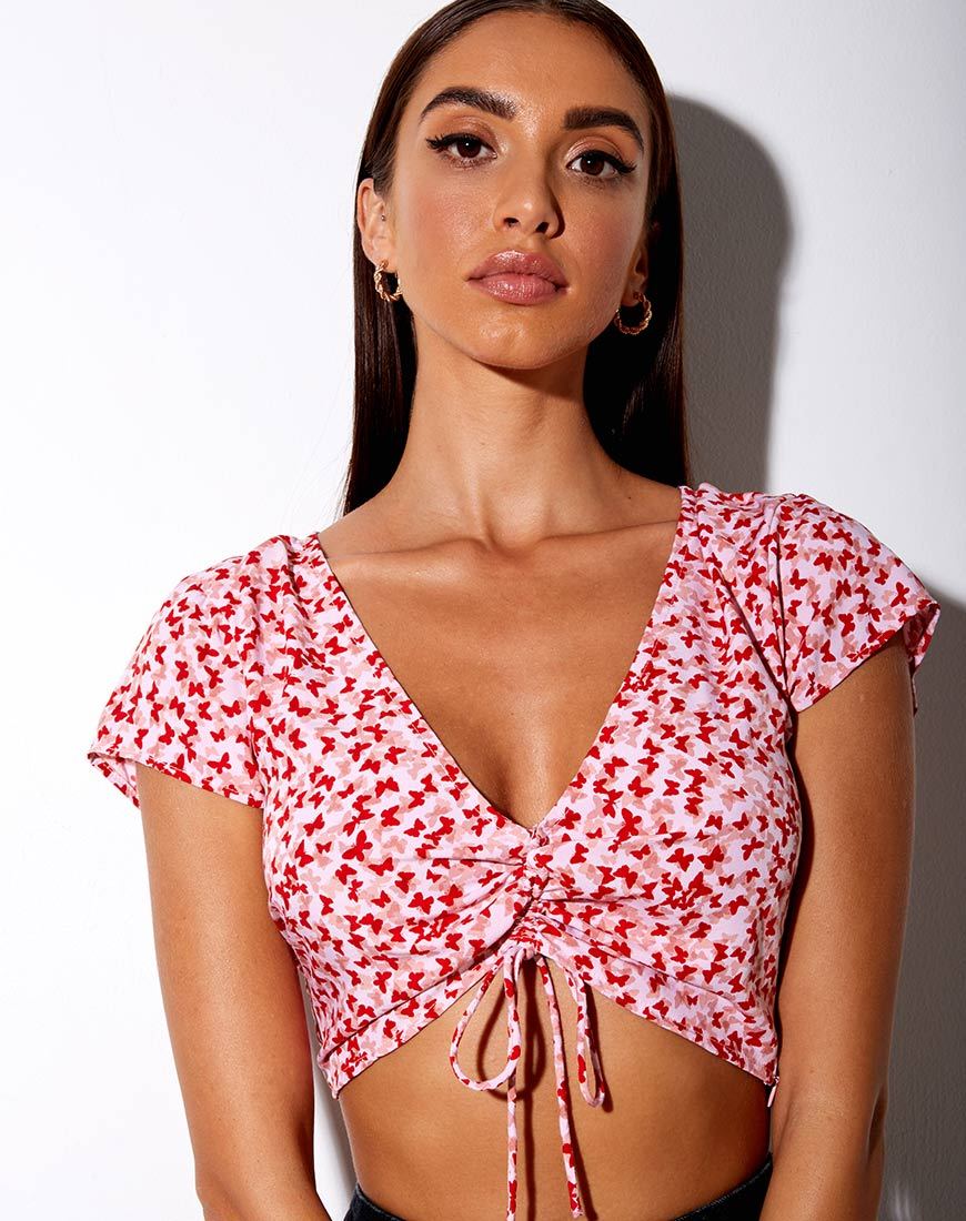 Bild von Raeto Crop Top in Ditsy Butterfly Pfirsich und Rot