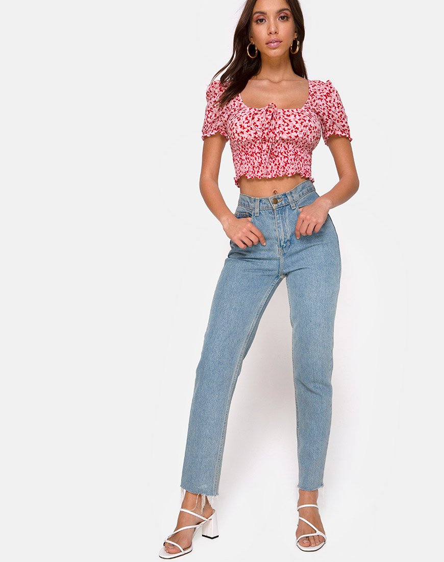Bild von Raquel Crop Top in Ditsy Butterfly Pfirsich und Rot