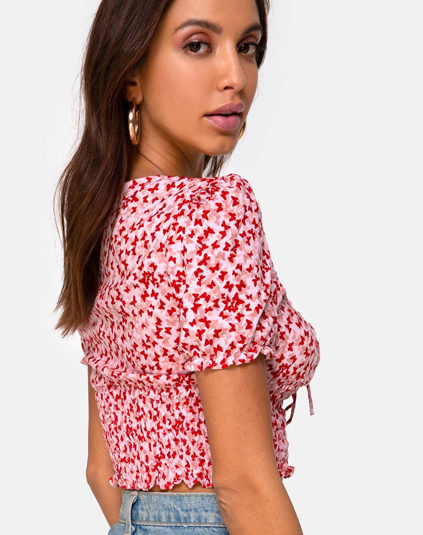Bild von Raquel Crop Top in Ditsy Butterfly Pfirsich und Rot