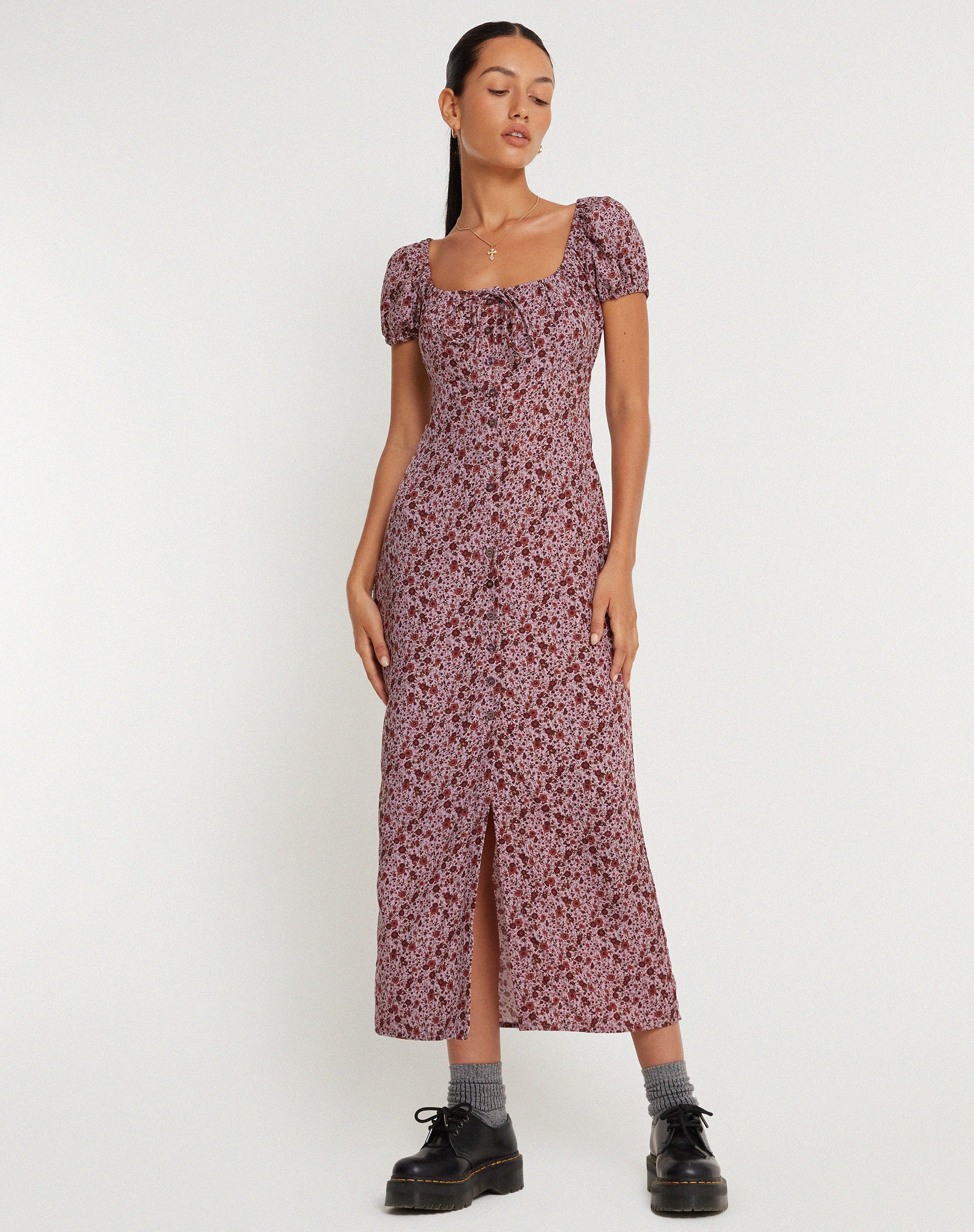 IMAGE OF Larson Midikleid in 90er-Jahre-Burgund mit Blumenmuster