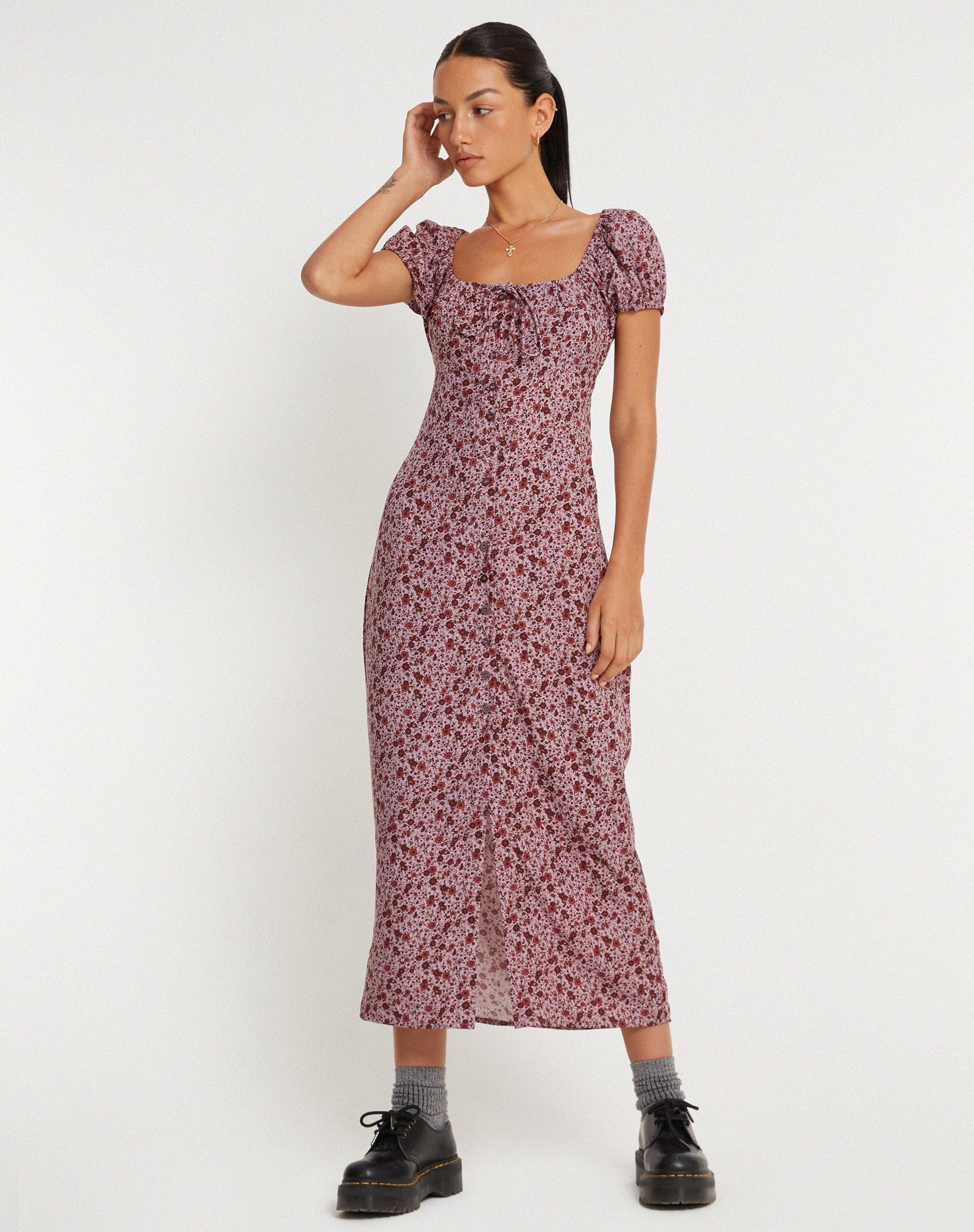 IMAGE OF Larson Midikleid in 90er-Jahre-Burgund mit Blumenmuster