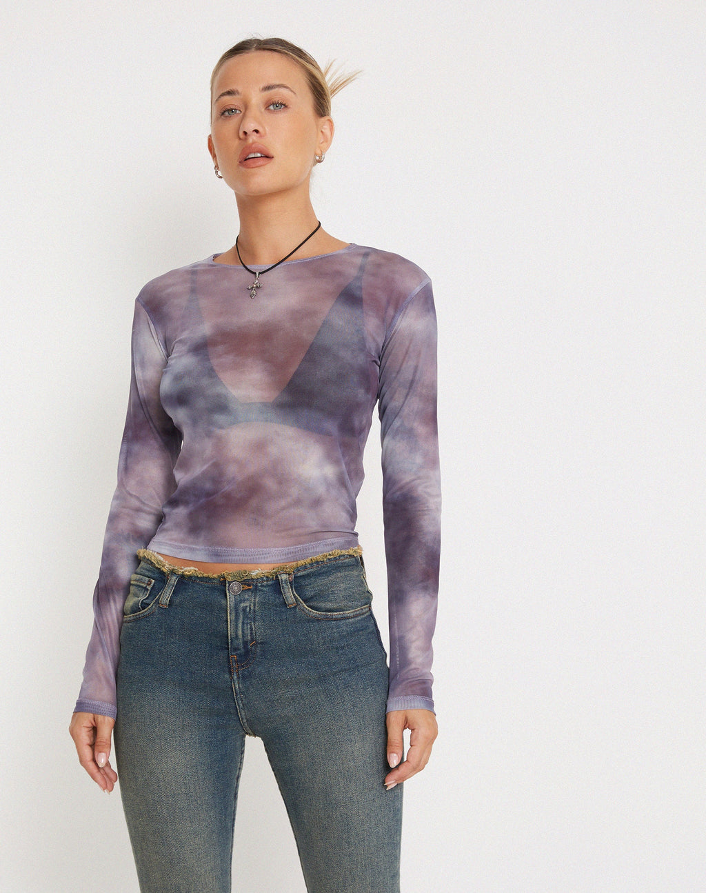 Narita Langärmeliges Mesh-Crop-Top in Smokey Gradients Lila