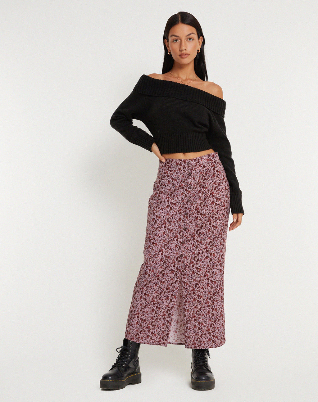 Relow Maxirock in 90er Jahre Floral Burgundy