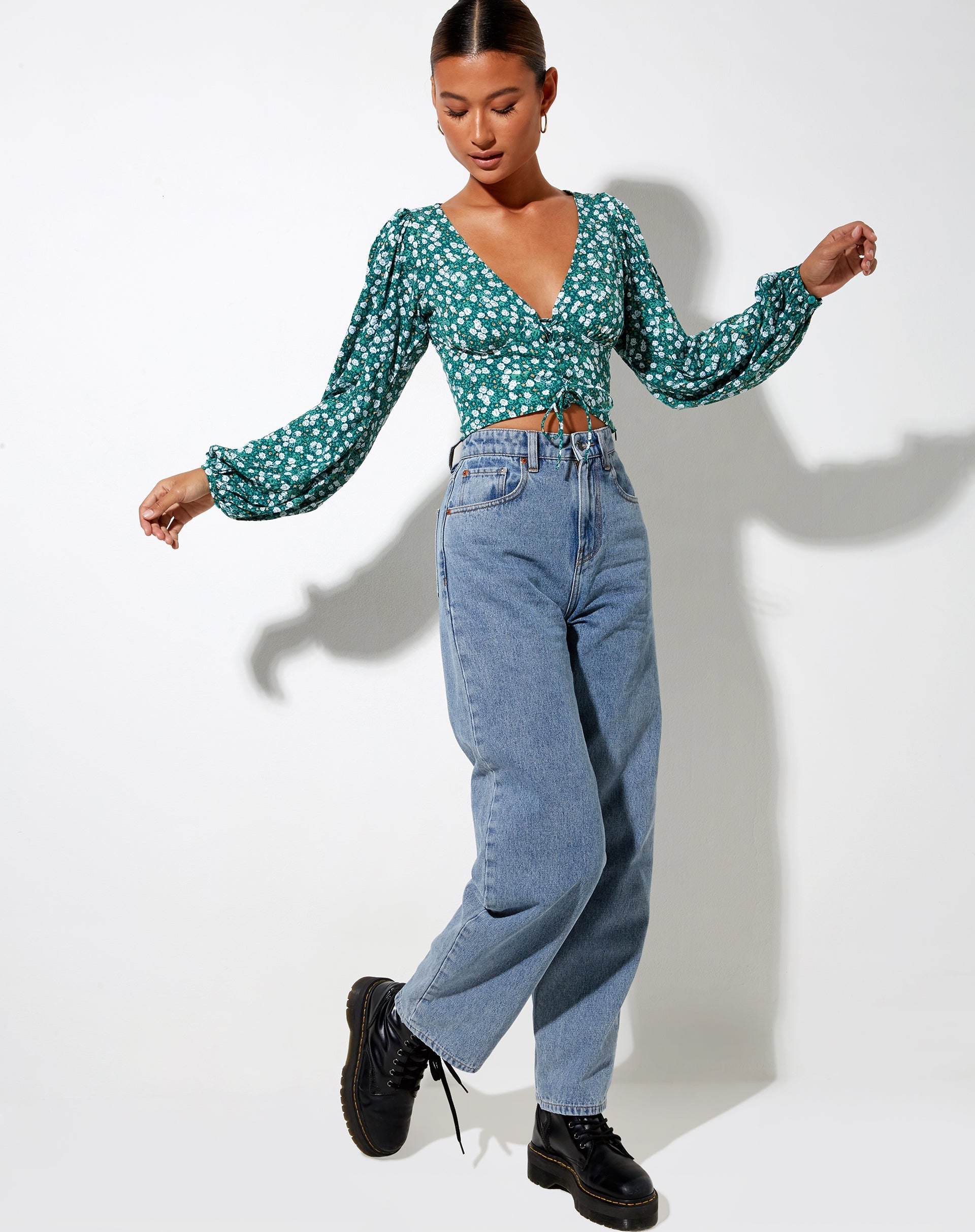 Image of Romina Langärmeliges Top mit Blumenmuster Grün