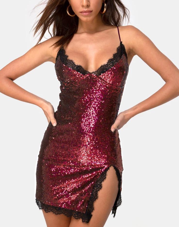 Romini Kleid aus burgunderfarbenem Mini-Paillettenstoff mit schwarzer Spitze