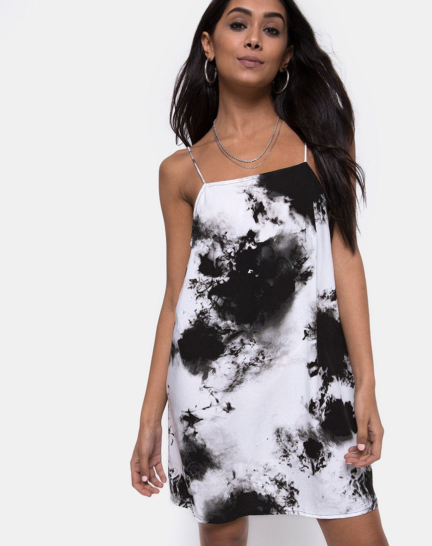 Sagha Slip Dress in Mono Tie Dye Schwarz und Weiß