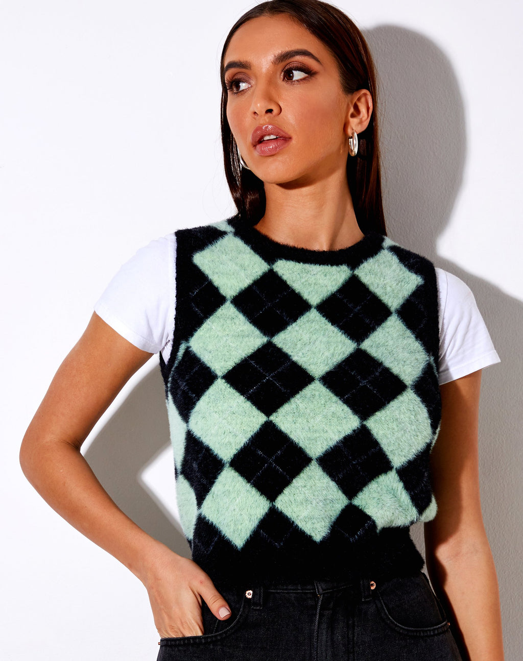 Saki Tank Top in Knit Diamond Schwarz und Grün