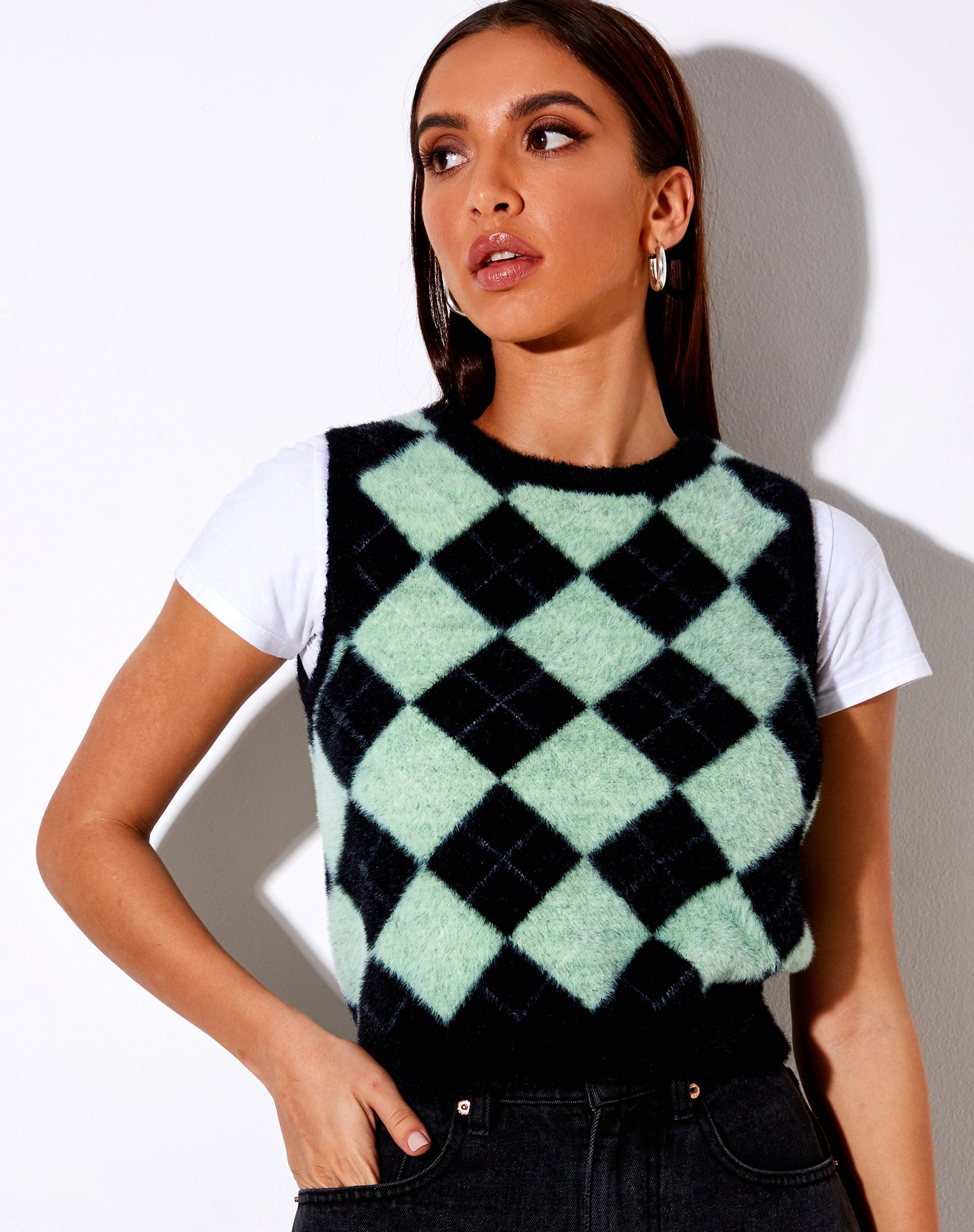 Bild von Saki Tank Top in Knit Diamond Schwarz und Grün