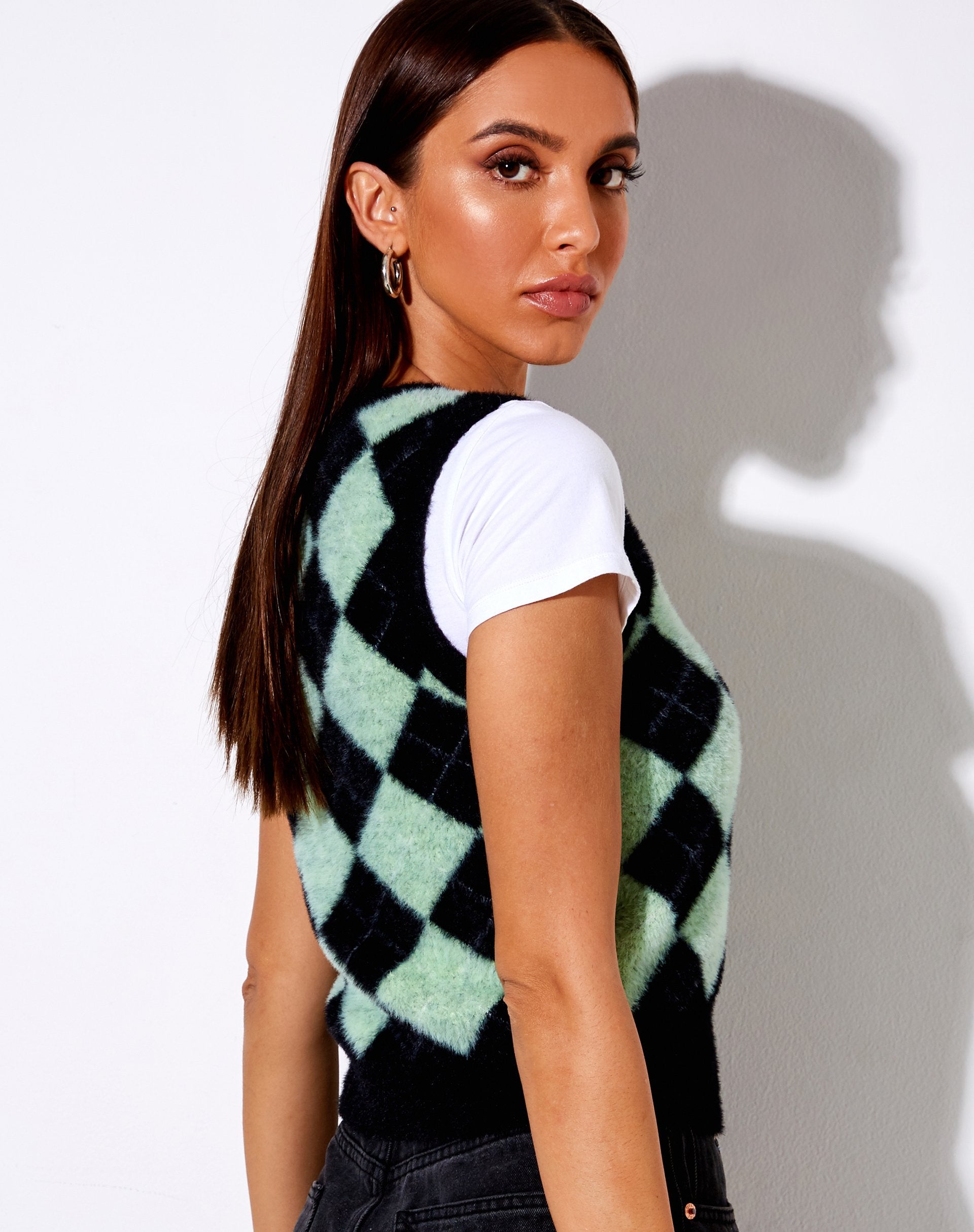 Bild von Saki Tank Top in Knit Diamond Schwarz und Grün