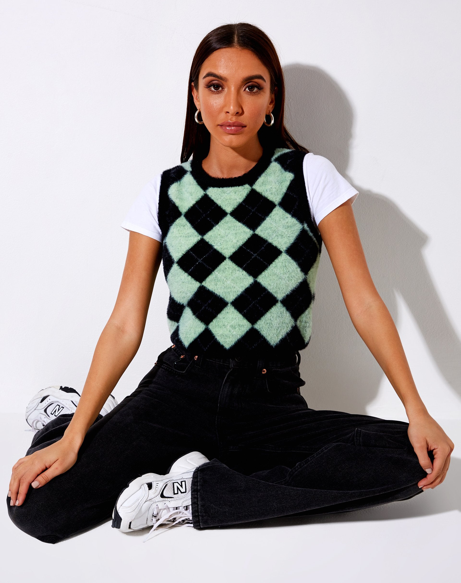 Bild von Saki Tank Top in Knit Diamond Schwarz und Grün