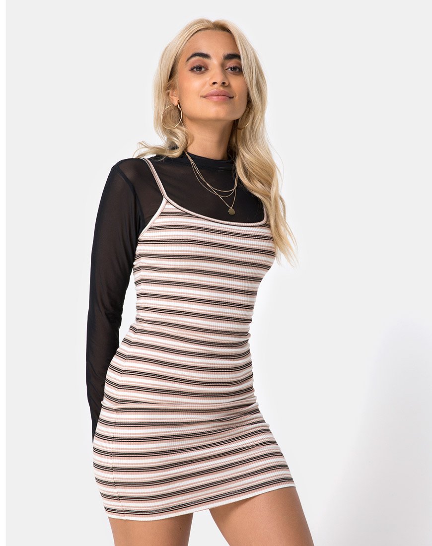 Saleh Bodycon Kleid aus Rippenstreifen Creme Schwarz und Tan