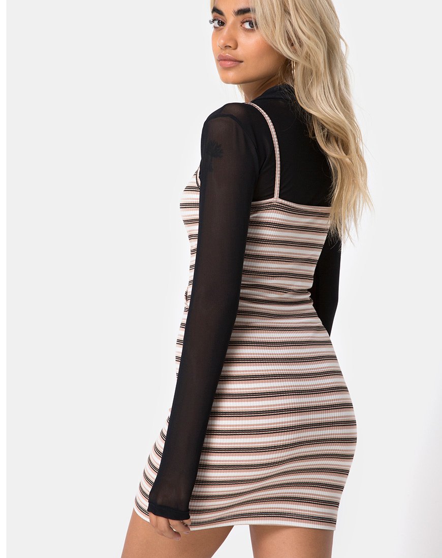 Saleh Bodycon Kleid aus Rippenstreifen Creme Schwarz und Tan