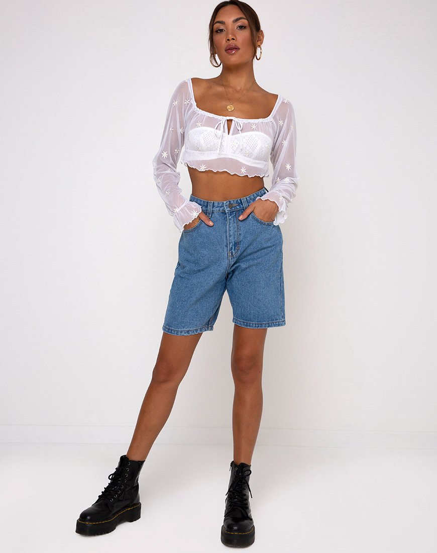 Image of Salima Langarm-Top in Weiß mit Gänseblümchen-Stickerei Weiß