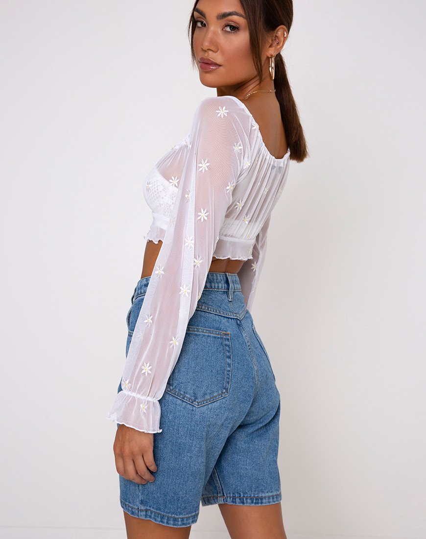 Image of Salima Langarm-Top in Weiß mit Gänseblümchen-Stickerei Weiß