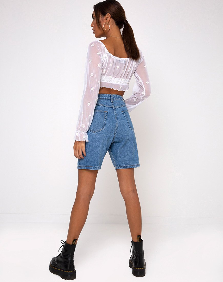 Image of Salima Langarm-Top in Weiß mit Gänseblümchen-Stickerei Weiß
