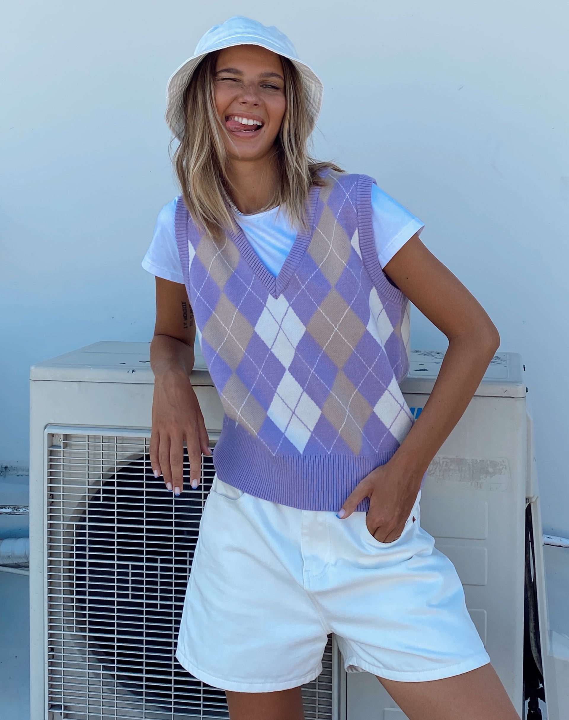 Image of Sami Weste in Argyle Flieder Creme Tan