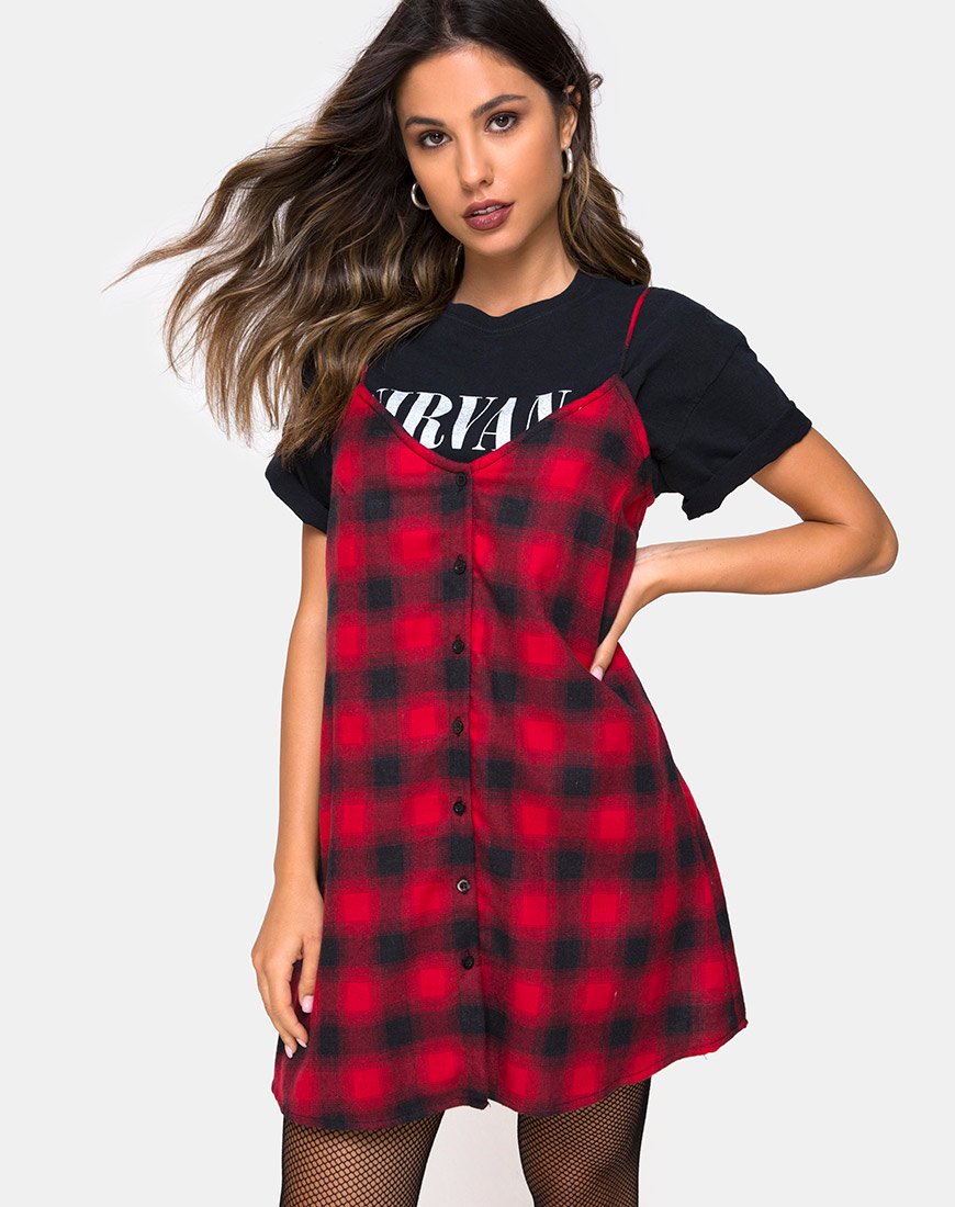 Image of Sanna Slip Dress in Plaid Rot Schwarz