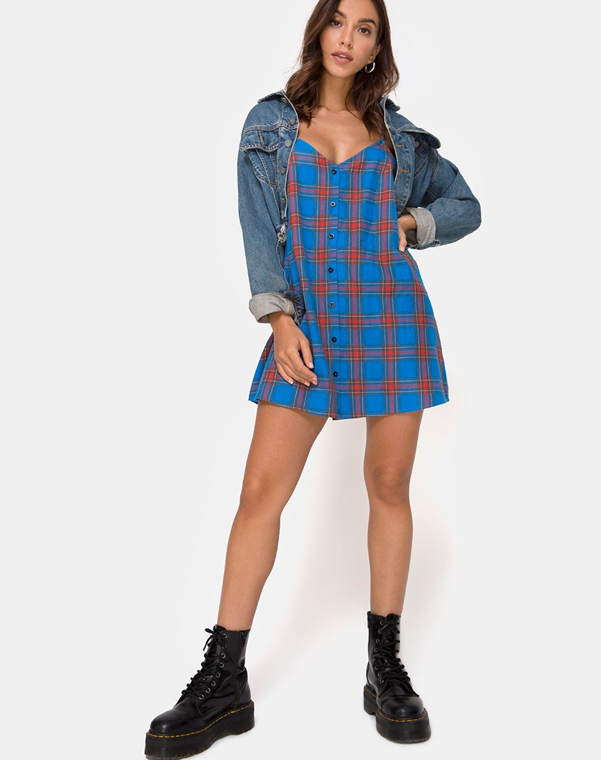 Image of Sanna Slip Dress in Blau und Rot Karo