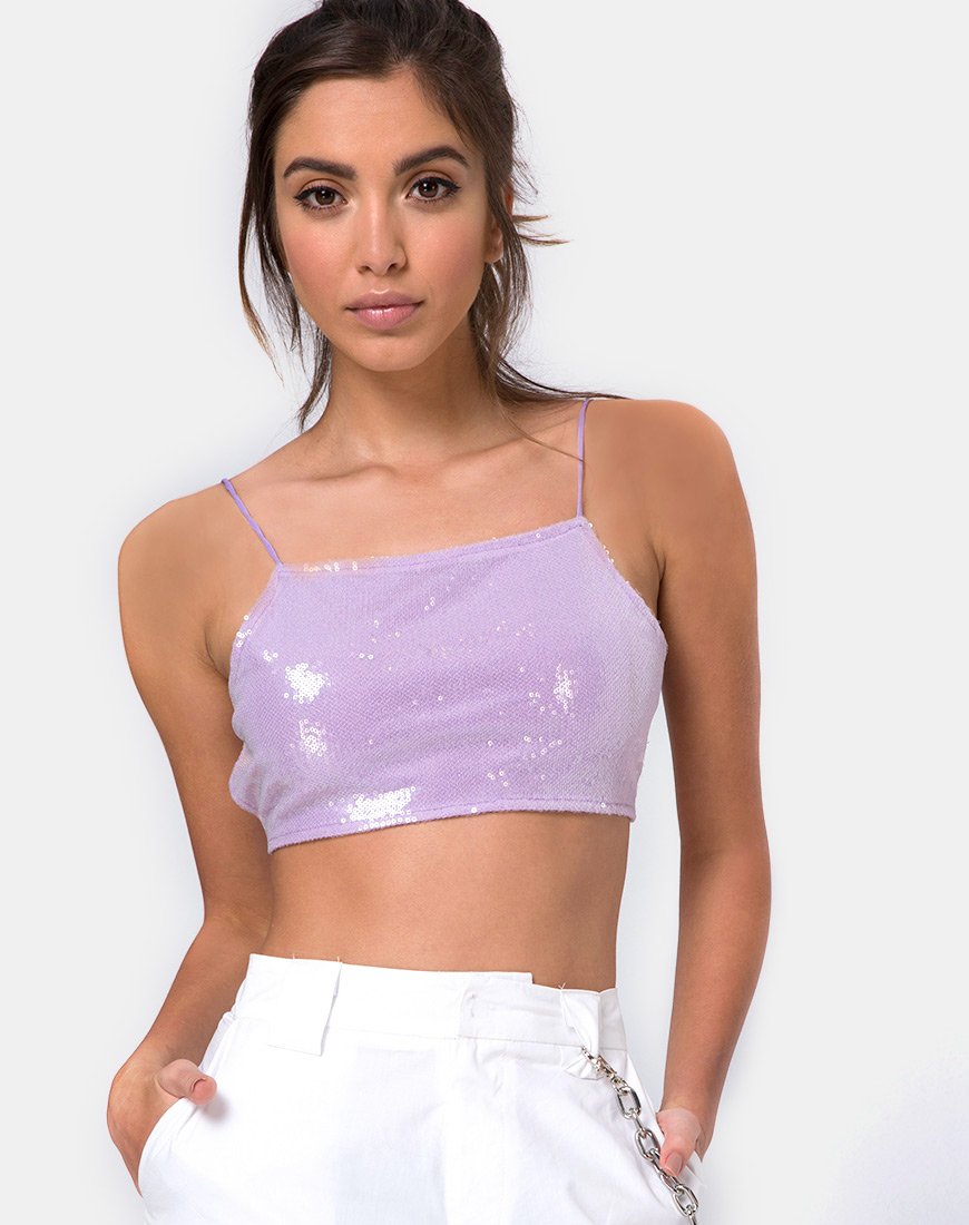 Sasha Crop Top aus mattem Mini-Pailletten-Lila