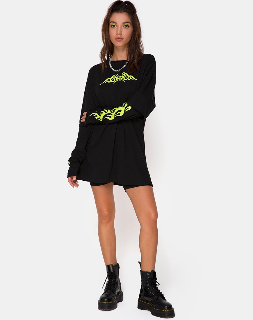 Image of Sashie Pullover Kleid in Schwarz mit grünem Tribal