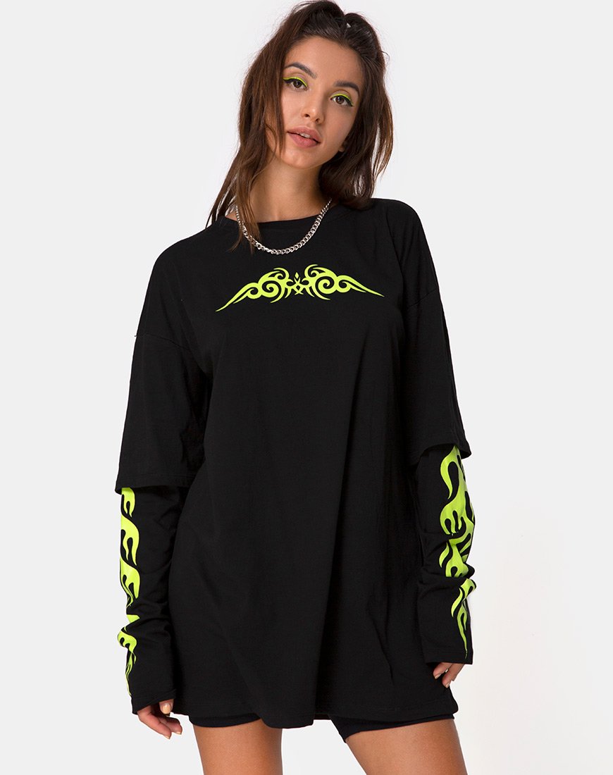 Sashie Pulloverkleid in Schwarz mit grünem Tribal
