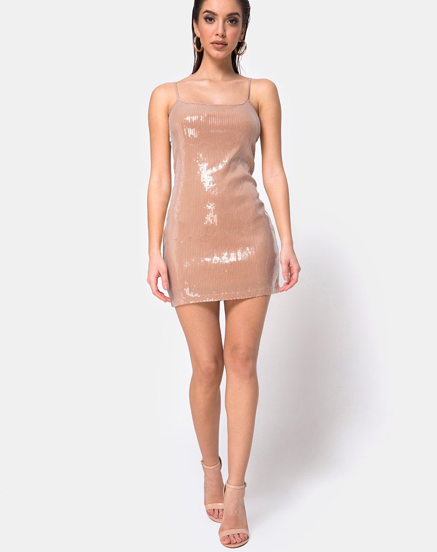 Image of Selah Bodycon Kleid in Camel mit durchsichtigen Pailletten