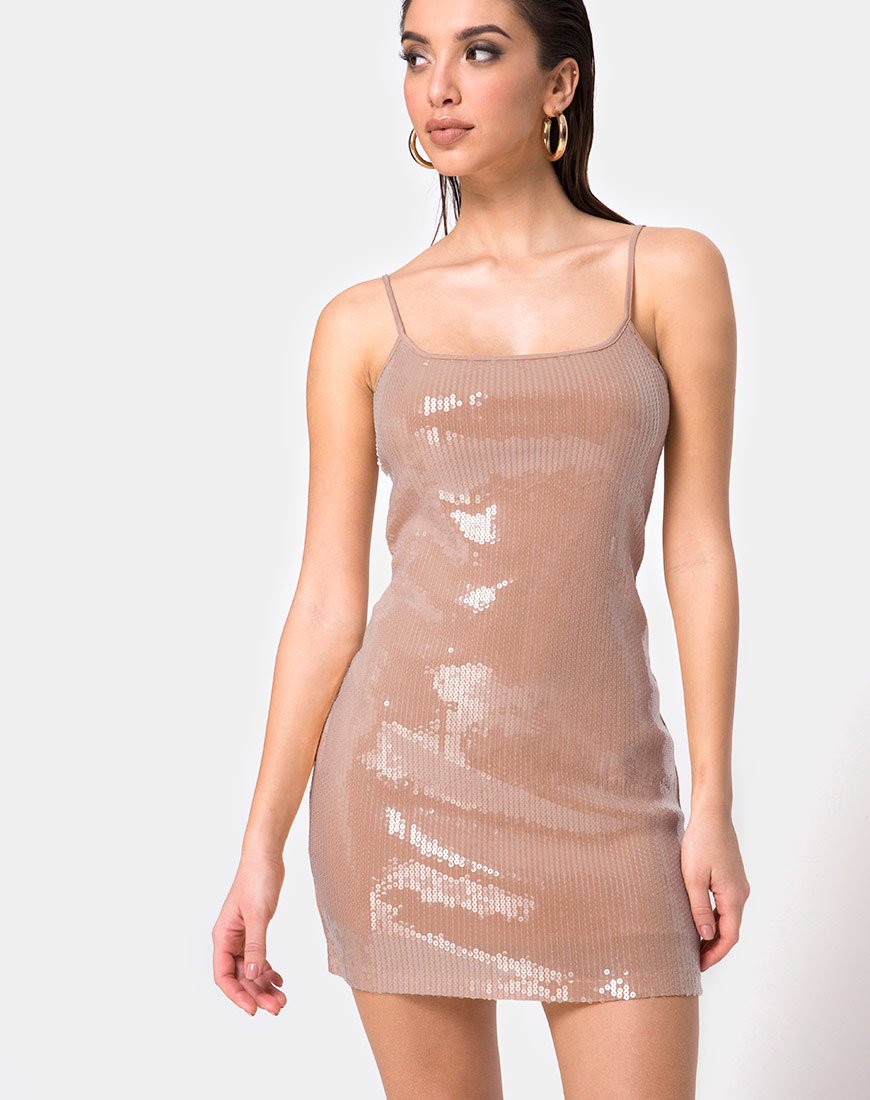 Selah Bodycon Kleid in Camel mit durchsichtigen Pailletten