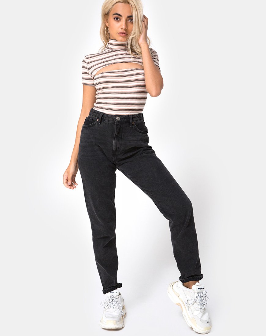 Bild von Shidi Ausgeschnittenes Mieder in Rippenstreifen Creme Schwarz und Tan