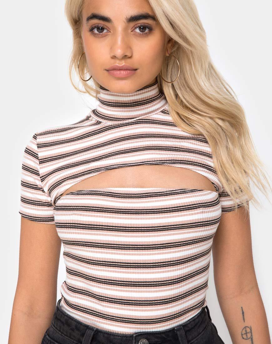 Bild von Shidi Ausgeschnittenes Mieder in Rippenstreifen Creme Schwarz und Tan